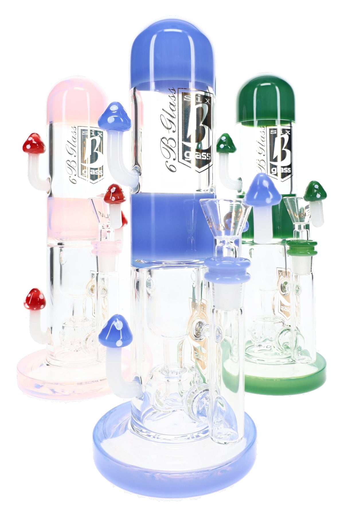6B Glass 10″ mushroom bong with showerhead perc, colorful mushroom decorations and assorted pink, blue and green accents
