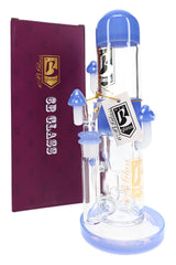 6B Glass mushroom bong with blue mouthpiece, matching base, clear chamber, glass bowl and sculpted mushrooms