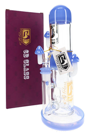 6B Glass mushroom bong with blue mouthpiece, matching base, clear chamber, glass bowl and sculpted mushrooms