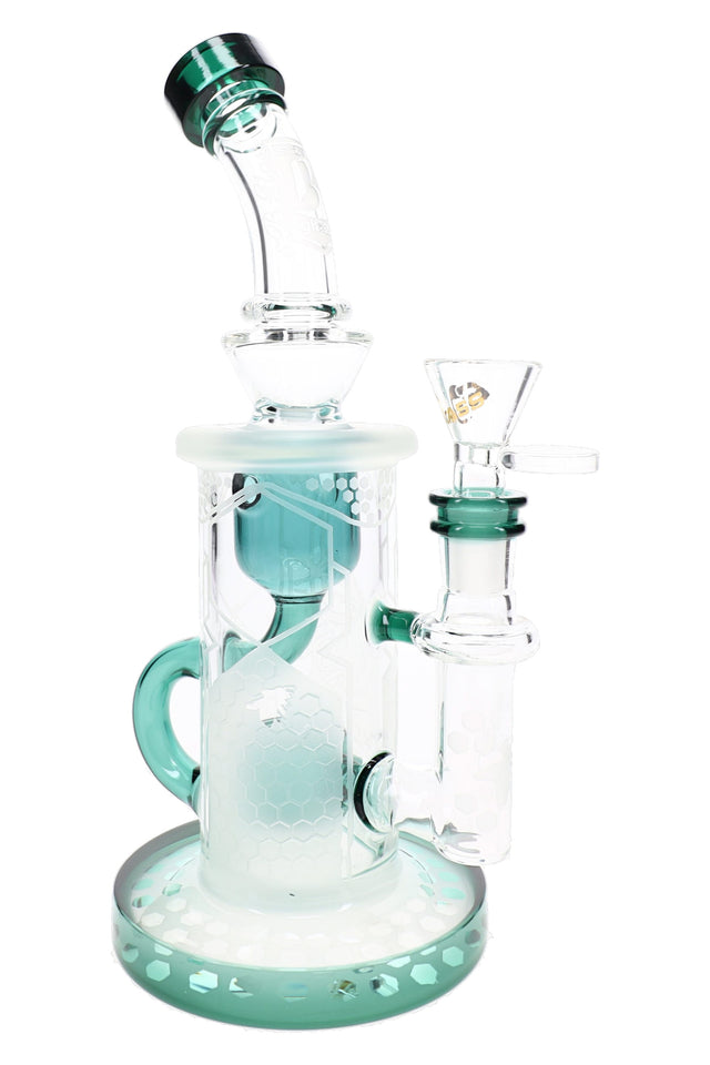 6B Glass 9½″ recycler bong with barrel perc, frosted honeycomb artwork, bowl, and colored glass accents