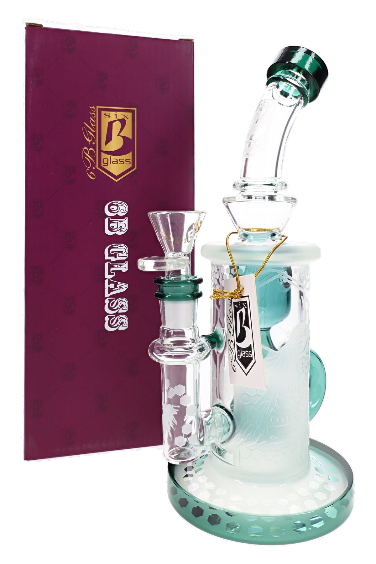 6B Glass frosted honeycomb recycler bong with retail box, glass bowl, barrel perc, and colored accents