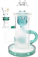 Close-up of 6B Glass recycler bong showing frosted artwork, honeycomb pattern, barrel perc, and glass bowl