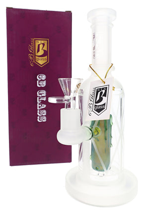 6B Glass 9″ frosted bong with retail box, glass dry herb bowl, wide base, and candle-shaped percolator