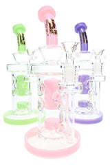 Three 6B Glass neon Faberge bongs in green, pink, and purple with showerhead percs and matching accents