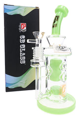 6B Glass 9½″ neon Faberge bong in green with showerhead perc, glass bowl, curved neck, and retail box