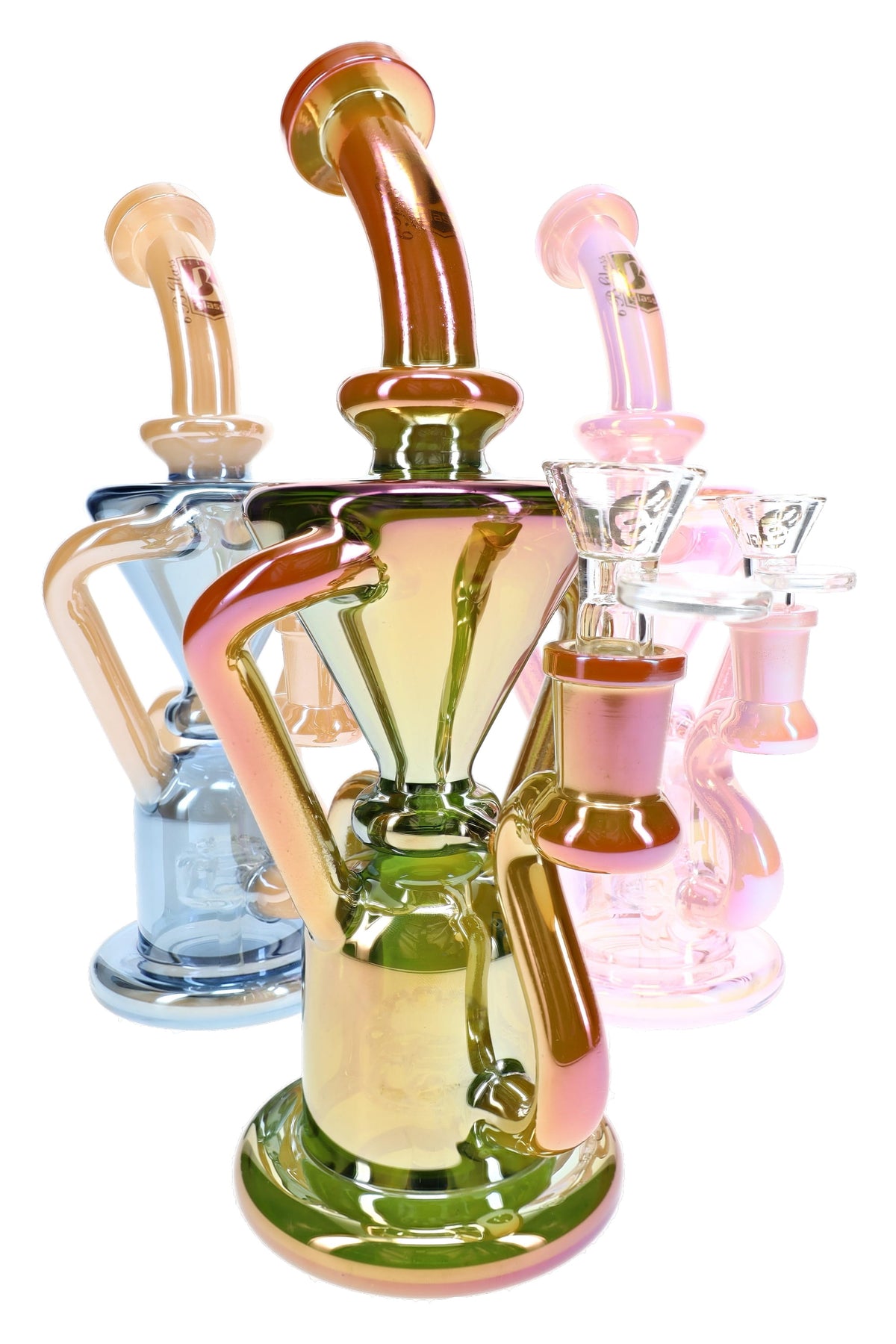 Three 6B Glass 9″ metallic recycler bongs in assorted colors with showerhead percs and curved glass tubes