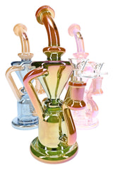 Three 6B Glass 9″ metallic recycler bongs in assorted colors with showerhead percs and curved glass tubes