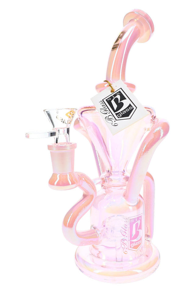 6B Glass metallic recycler bong in pink with showerhead perc, glass bowl, curved neck, and looping tubes