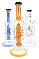 Three 6B Glass 10½″ straight shooter bongs in assorted colors with sculpted character percolators