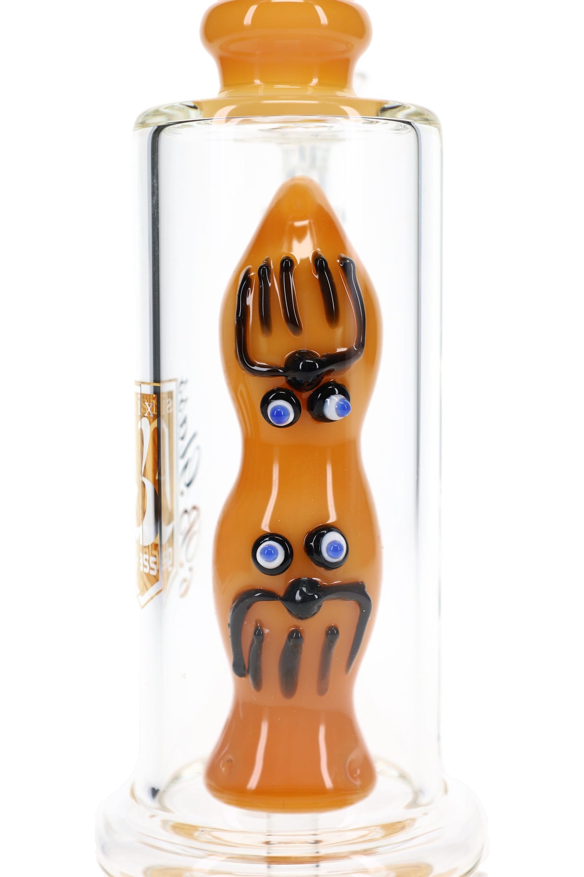 Close-up of 6B Glass bong showing amber sculpted character percolator with black and blue details