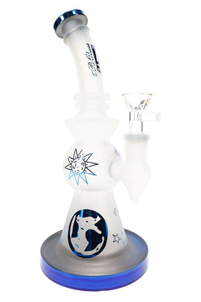 6B Glass 9″ frosted bong with metallic blue trim, curved neck, glass bowl, and planet-themed artwork