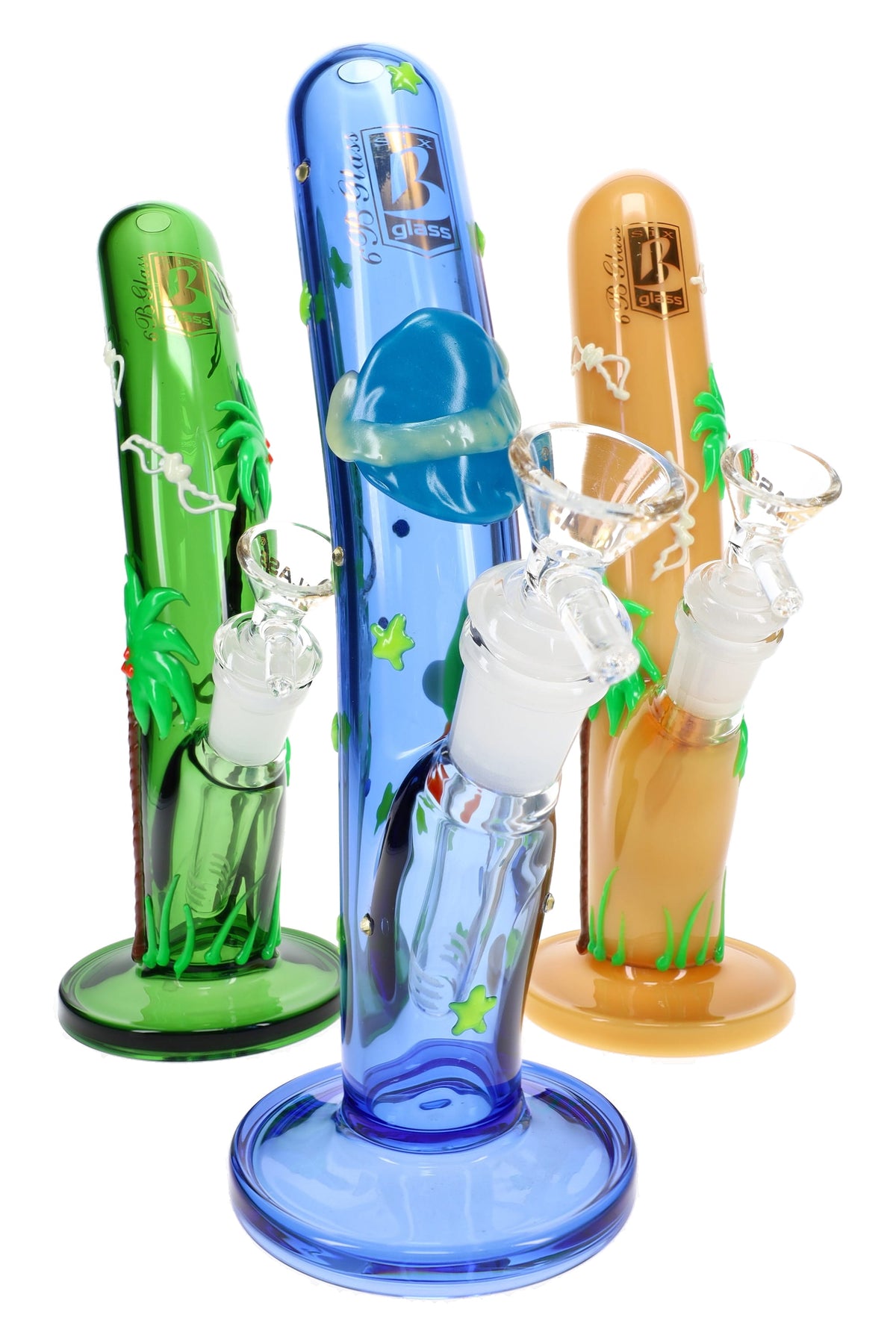 Three 6B Glass 9½″ curved tube bongs in assorted colors with raised hand-drawn designs and glass bowls