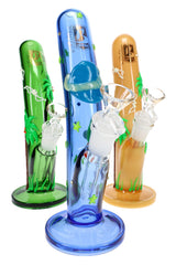 Three 6B Glass 9½″ curved tube bongs in assorted colors with raised hand-drawn designs and glass bowls