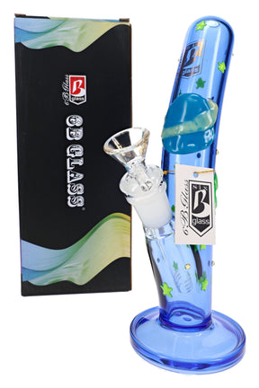 Blue 6B Glass curved tube bong with raised planet and star decorations, wide round base, bowl, and retail box