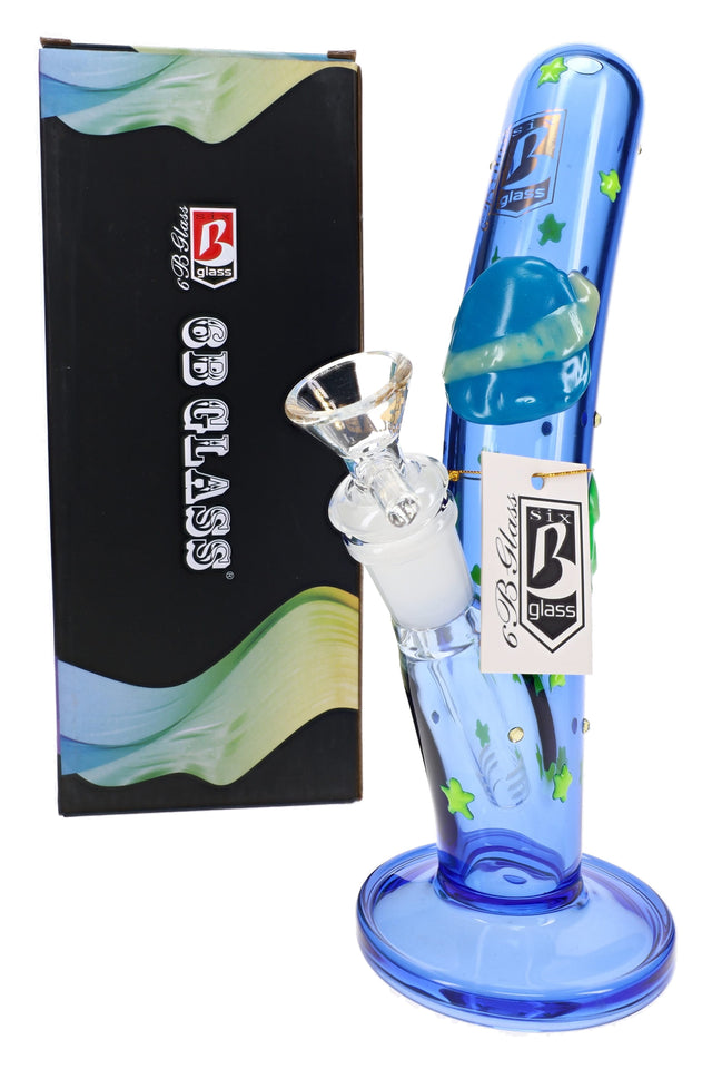 Blue 6B Glass curved tube bong with raised planet and star decorations, wide round base, bowl, and retail box