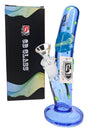 Blue 6B Glass curved tube bong with raised planet and star decorations, wide round base, bowl, and retail box