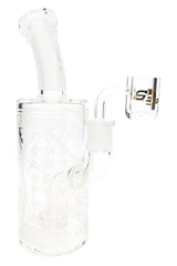 6B Glass 8½″ frosted Athena dab rig with showerhead perc, angled neck, Greek artwork, and clear banger