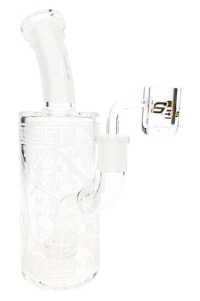 6B Glass 8½″ frosted Athena dab rig with showerhead perc, angled neck, Greek artwork, and clear banger