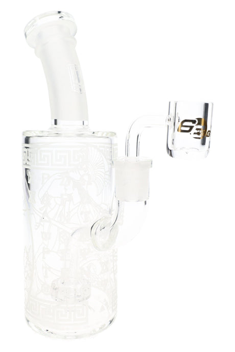 6B Glass 8½″ frosted Athena dab rig with showerhead perc, angled neck, Greek artwork, and clear banger