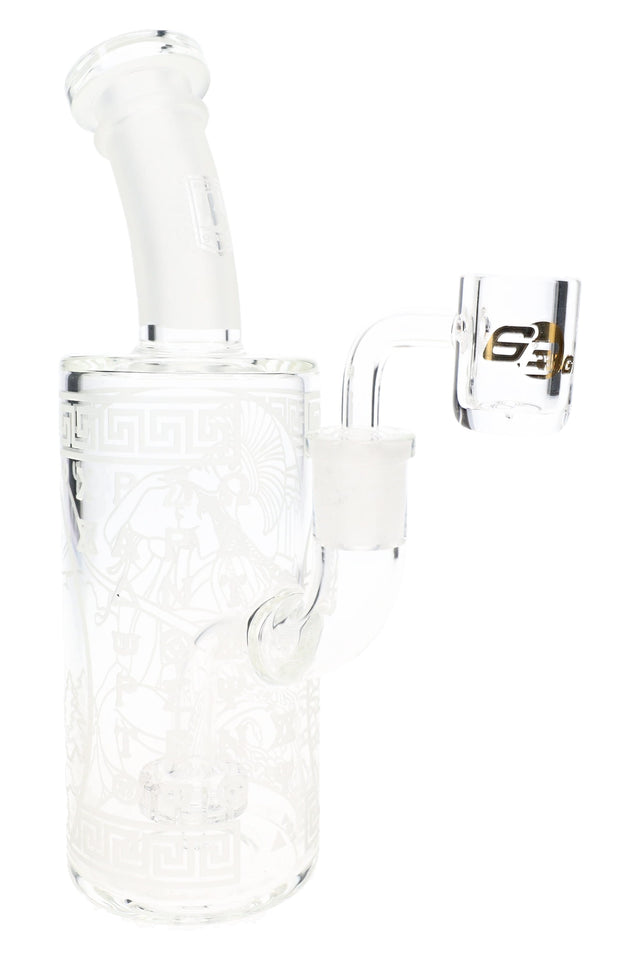 6B Glass 8½″ frosted Athena dab rig with showerhead perc, angled neck, Greek artwork, and clear banger
