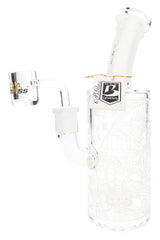 Rear view of 6B Glass frosted Athena dab rig showing detailed Greek artwork, showerhead perc, and banger