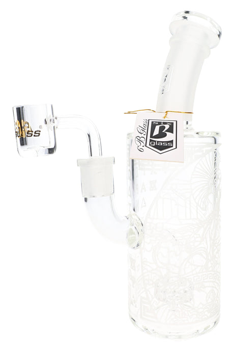Rear view of 6B Glass frosted Athena dab rig showing detailed Greek artwork, showerhead perc, and banger