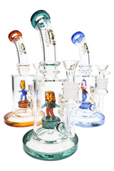Three 6B Glass 9″ straight shooter bongs with colorful clown percs, curved necks, bowls, and wide bases