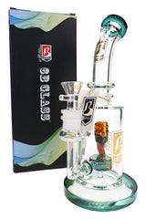 6B Glass straight shooter bong with green accents, sculpted clown showerhead perc, bowl, and retail box