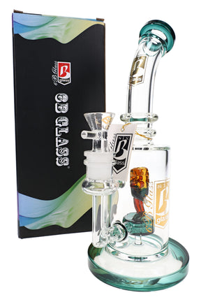 6B Glass straight shooter bong with green accents, sculpted clown showerhead perc, bowl, and retail box