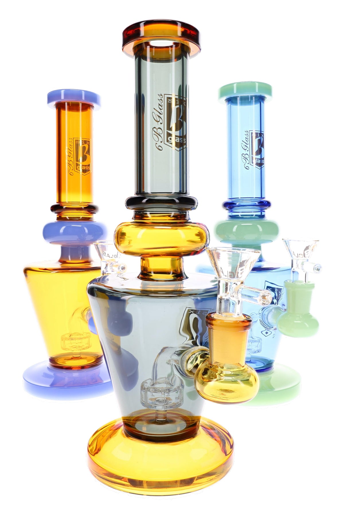 6B Glass 10″ bong with showerhead perc shown in several assorted multicolor glass combinations