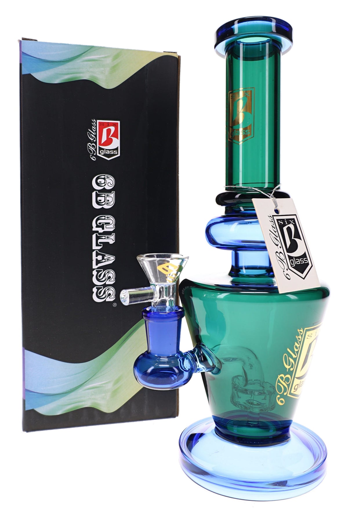 6B Glass multicolor glass bong with green chamber, blue accents, showerhead perc, bowl and retail box