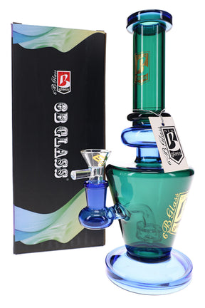 6B Glass multicolor glass bong with green chamber, blue accents, showerhead perc, bowl and retail box
