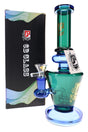 6B Glass multicolor glass bong with green chamber, blue accents, showerhead perc, bowl and retail box