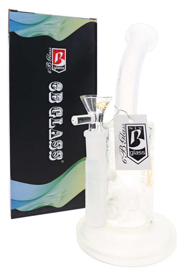 6B Glass frosted lotus bong with 14.5 mm glass bowl, curved neck, showerhead perc and branded box