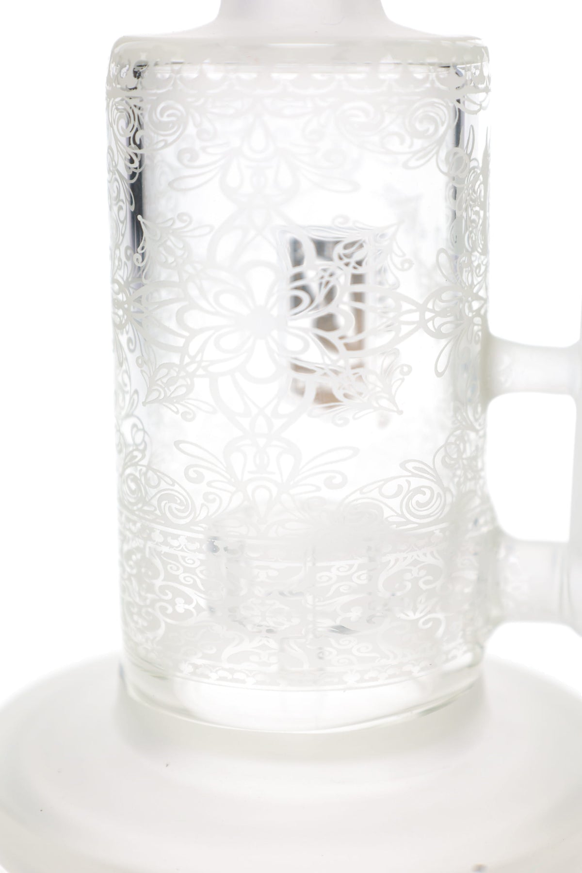 Close-up of 6B Glass bong chamber with intricate frosted lotus artwork and internal showerhead percolator