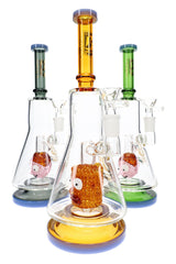 6B Glass 10½″ beaker bong with sculpted character perc and assorted green, amber and gray glass accents