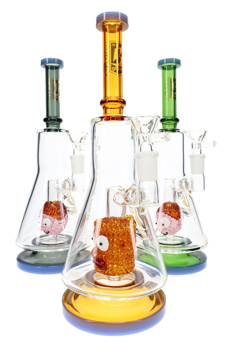 6B Glass 10½″ beaker bong with sculpted character perc and assorted green, amber and gray glass accents
