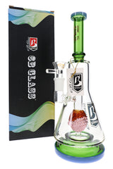 6B Glass character perc bong with green neck and base, clear beaker chamber, glass bowl and retail box