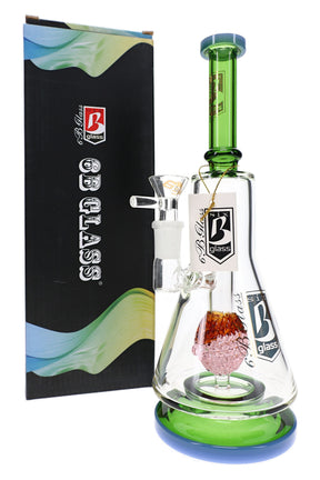 6B Glass character perc bong with green neck and base, clear beaker chamber, glass bowl and retail box