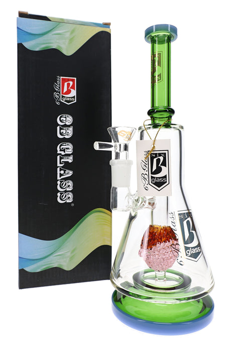 6B Glass character perc bong with green neck and base, clear beaker chamber, glass bowl and retail box