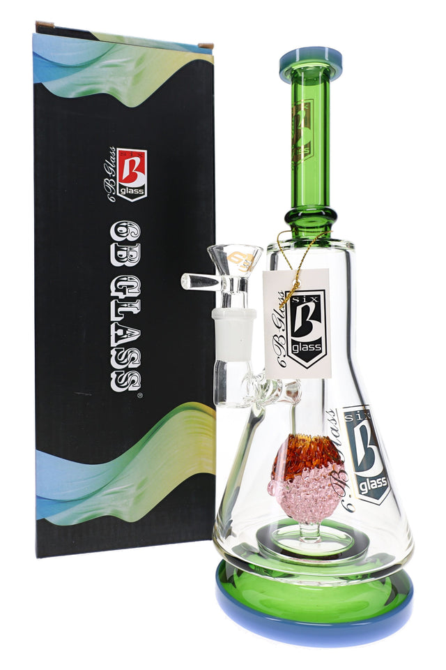 6B Glass character perc bong with green neck and base, clear beaker chamber, glass bowl and retail box