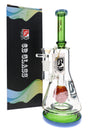 6B Glass character perc bong with green neck and base, clear beaker chamber, glass bowl and retail box