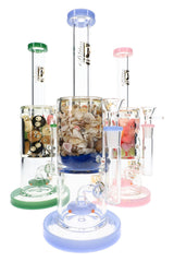 6B Glass 11″ bong with filled chambers, showerhead percs and assorted shell, heart and character designs