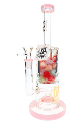 6B Glass 11″ filled chamber bong with pink accents, colorful hearts, showerhead perc and glass bowl