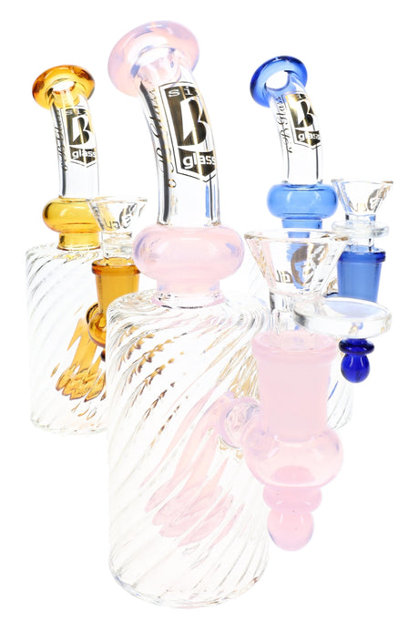 6B Glass 7″ spiral bong with showerhead perc and assorted pink, amber and blue glass accents