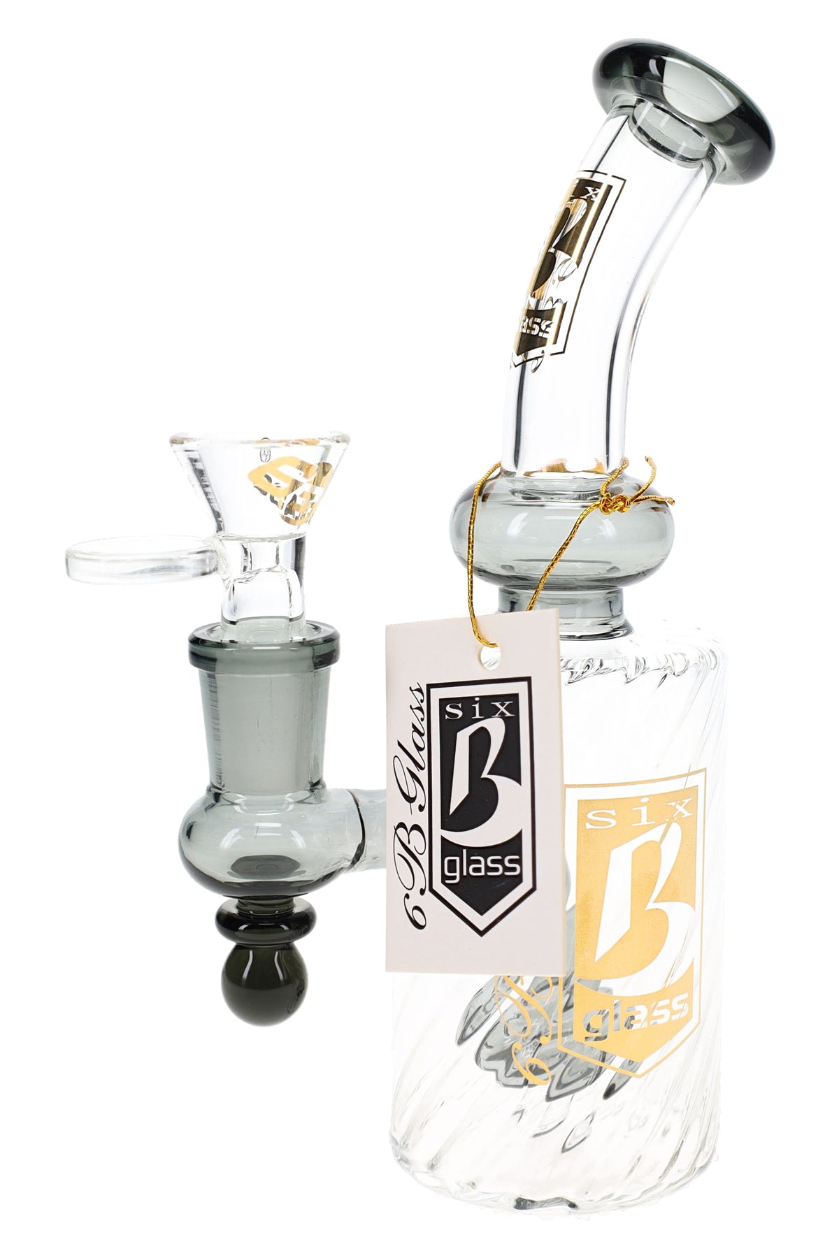 6B Glass 7″ inner spiral bong with gray accents, curved neck, showerhead perc and handled glass bowl