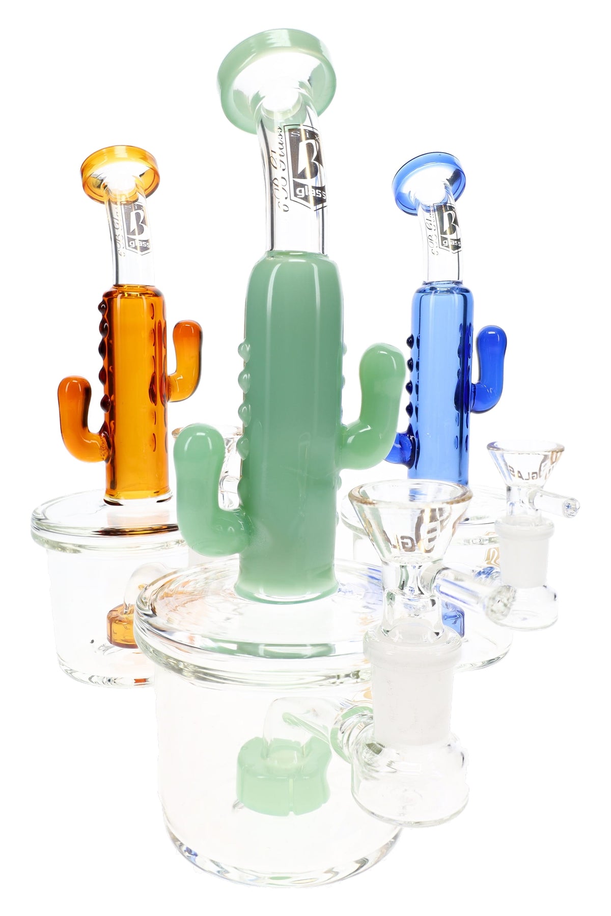 6B Glass 8″ cactus bong with showerhead perc and assorted green, amber and blue sculpted glass accents