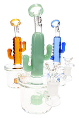 6B Glass 8″ cactus bong with showerhead perc and assorted green, amber and blue sculpted glass accents