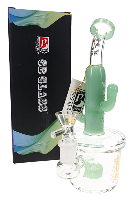 6B Glass 8″ green cactus bong with curved neck, showerhead perc, 14.5 mm glass bowl and clear chamber