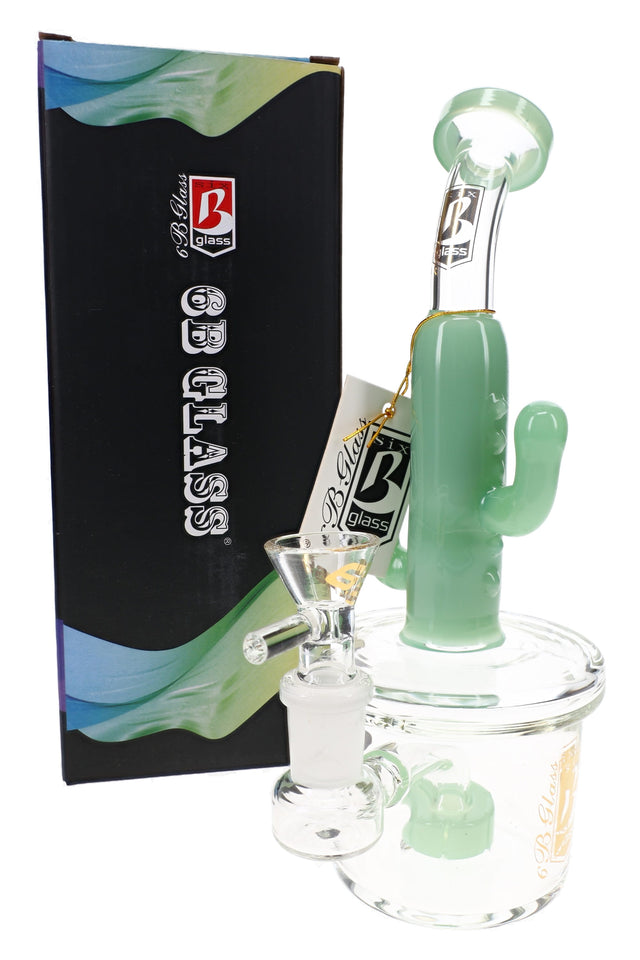 6B Glass 8″ green cactus bong with curved neck, showerhead perc, 14.5 mm glass bowl and clear chamber